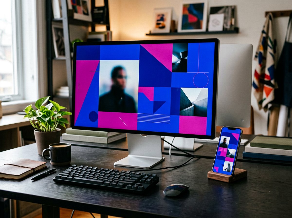Illustrative digitale Gestaltung auf Bildschirm und Smartphone